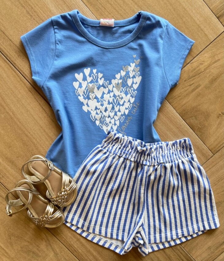 Conjunto Infantil Feminino Blusa Forever Cute e Short Listrado Fernanda Ramos Kids