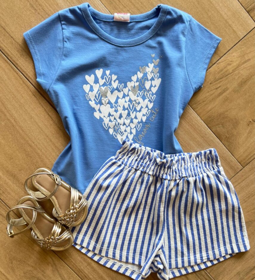 Conjunto Infantil Feminino Blusa Forever Cute e Short Listrado Fernanda Ramos Kids