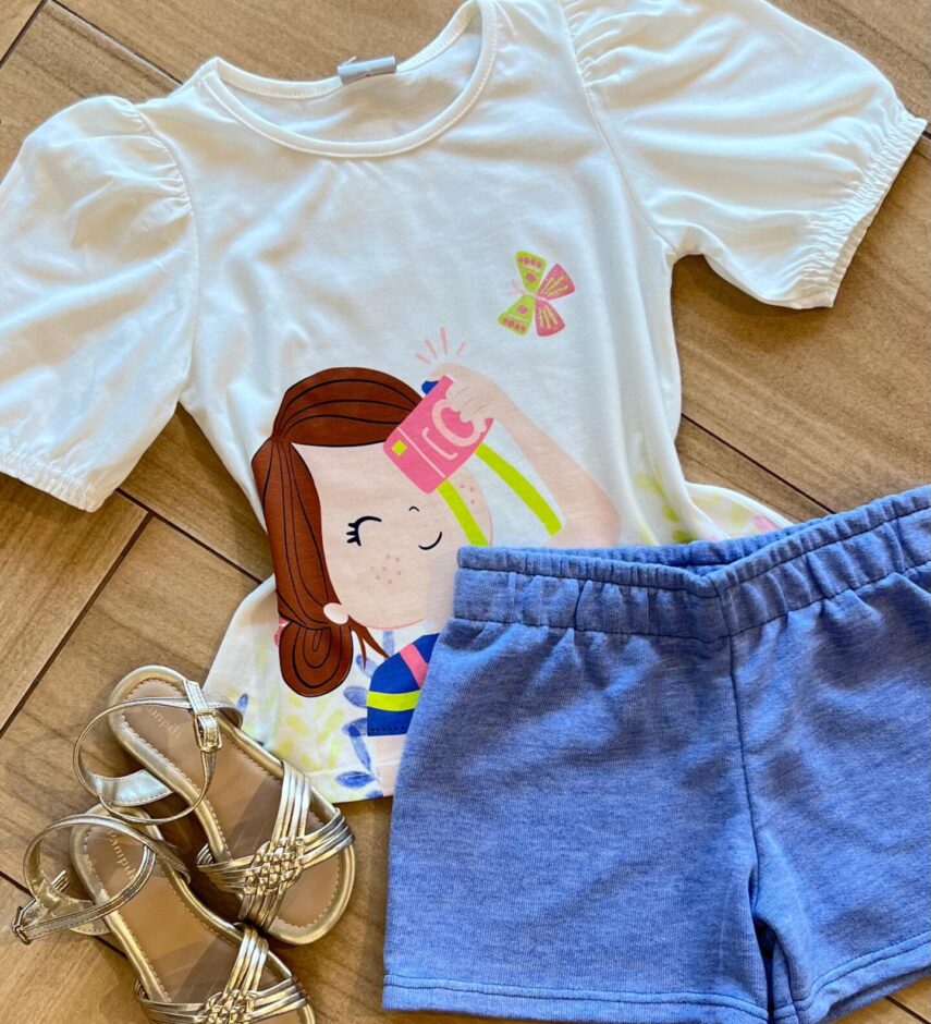 fernandaramoskids com br Conjunto Infantil Feminino Blusa Fotografia e Short Lilás1