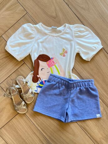 Conjunto Infantil Feminino Blusa Fotografia e Short Lilás Fernanda Ramos Kids