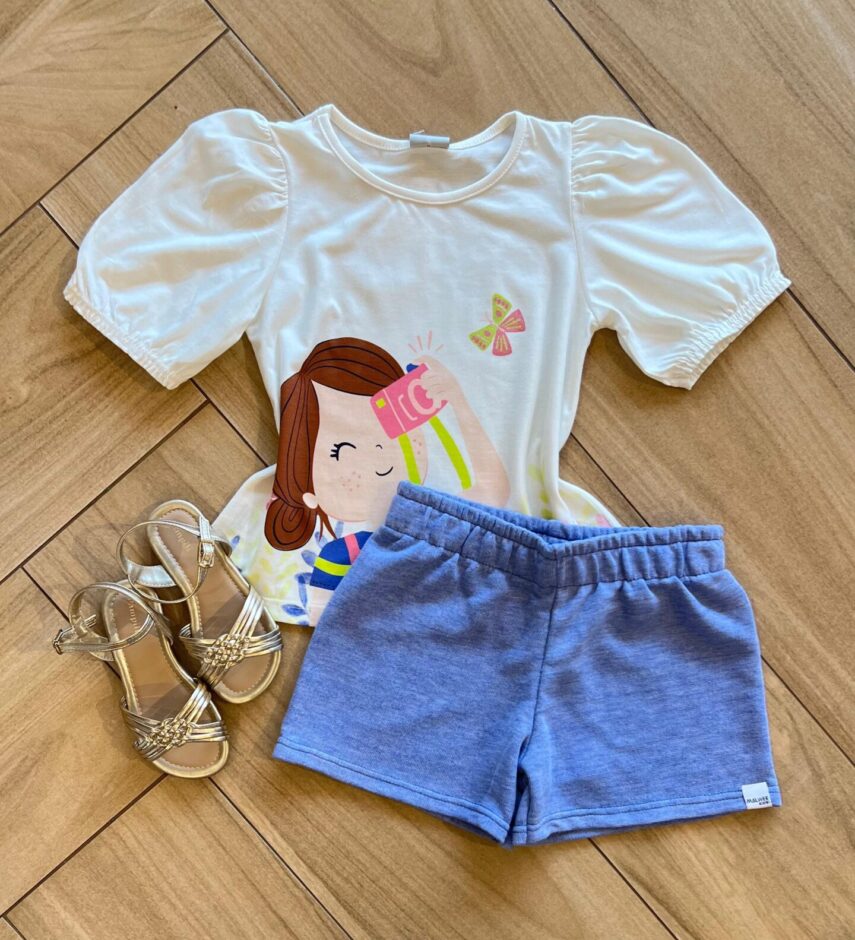 Conjunto Infantil Feminino Blusa Fotografia e Short Lilás Fernanda Ramos Kids