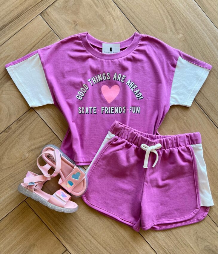Conjunto Infantil Feminino Blusa Good Things e Short Lilás Fernanda Ramos Kids