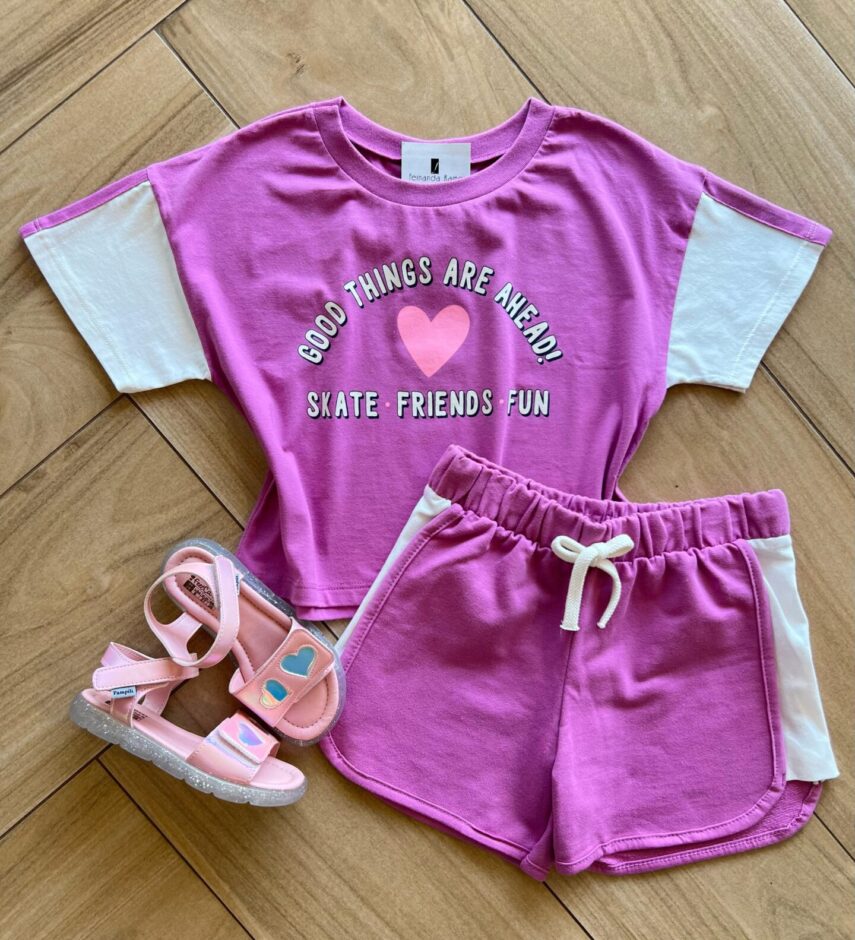 Conjunto Infantil Feminino Blusa Good Things e Short Lilás Fernanda Ramos Kids
