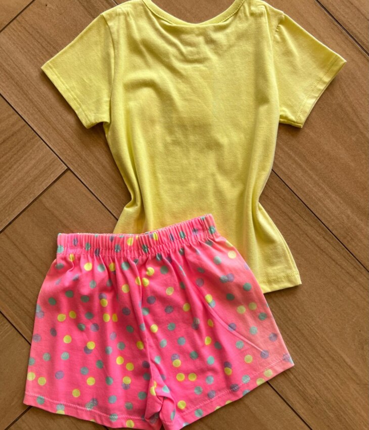 fernandaramosstore com br Conjunto Infantil Feminino Blusa Have Fun e Short Pink com Bolinha2