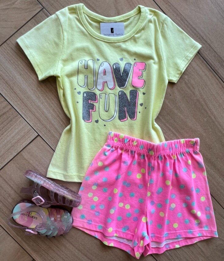 Conjunto Infantil Feminino Blusa Have Fun e Short Pink com Bolinha Fernanda Ramos Kids