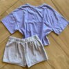 fernandaramoskids com br Conjunto Infantil Feminino Blusa Hey Be Happy e Short Saia Lilás2