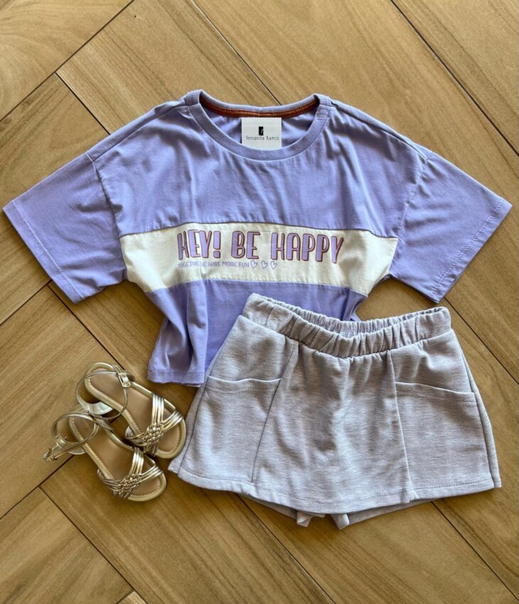 Conjunto Infantil Feminino Blusa Hey Be Happy e Short Saia Lilás Fernanda Ramos Kids