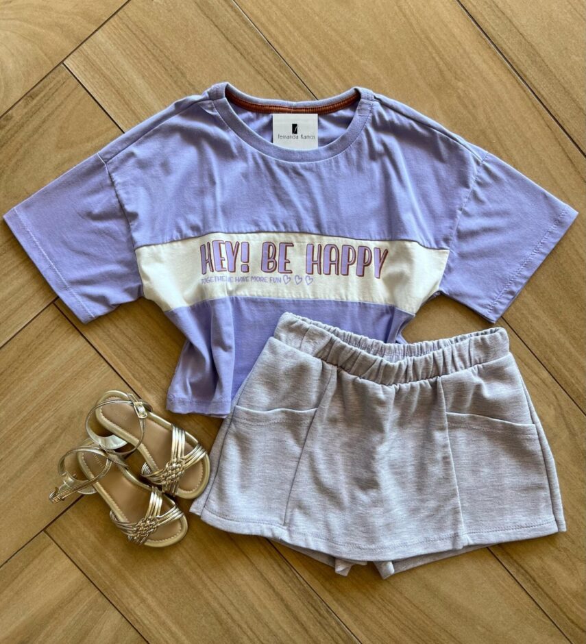 Conjunto Infantil Feminino Blusa Hey Be Happy e Short Saia Lilás Fernanda Ramos Kids