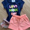 Conjunto Infantil Feminino Blusa Love e Short Laranja Fernanda Ramos Kids