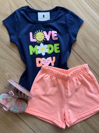 Conjunto Infantil Feminino Blusa Love e Short Laranja Fernanda Ramos Kids