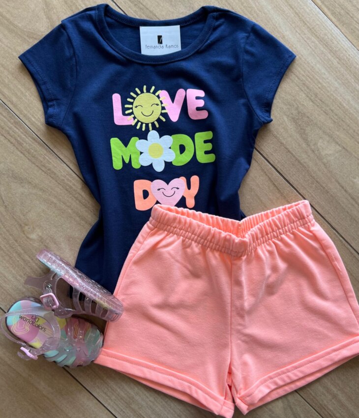 Conjunto Infantil Feminino Blusa Love e Short Laranja Fernanda Ramos Kids