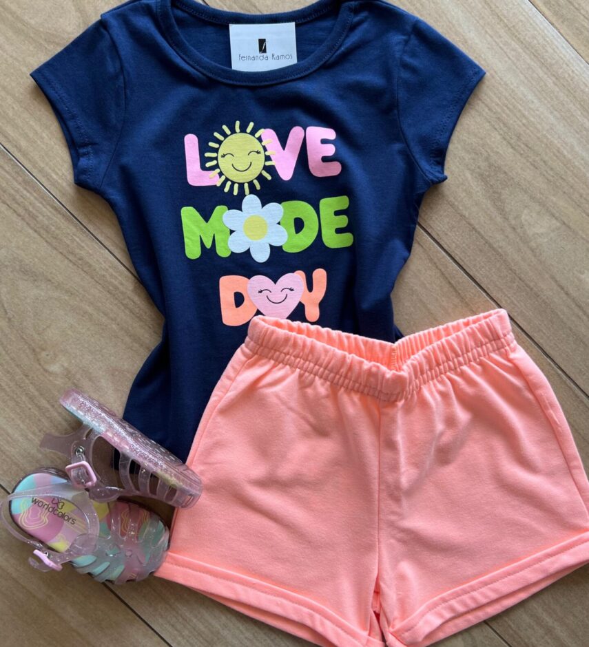 Conjunto Infantil Feminino Blusa Love e Short Laranja Fernanda Ramos Kids