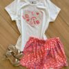 Conjunto Infantil Feminino Blusa Love Girls e Short Rosa com Corações Fernanda Ramos Kids