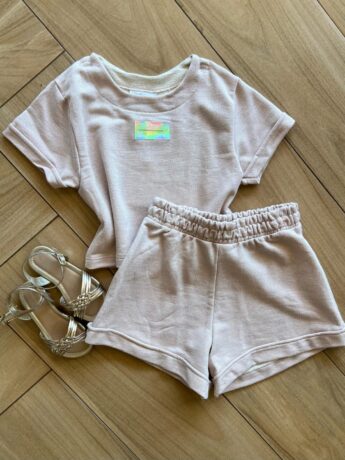Conjunto Infantil Feminino Blusa Made White Love e Short Rose Brilhante Fernanda Ramos Kids