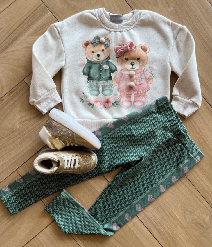 Conjunto Infantil Feminino Blusa Manga 2 Urso Longa com Calça Fernanda Ramos Kids