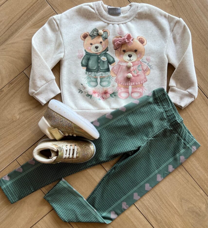 Conjunto Infantil Feminino Blusa Manga 2 Urso Longa com Calça Fernanda Ramos Kids