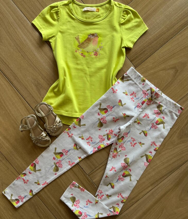 Conjunto Infantil Feminino Blusa Manga Curta Verde e Legging Estampada Fernanda Ramos Kids