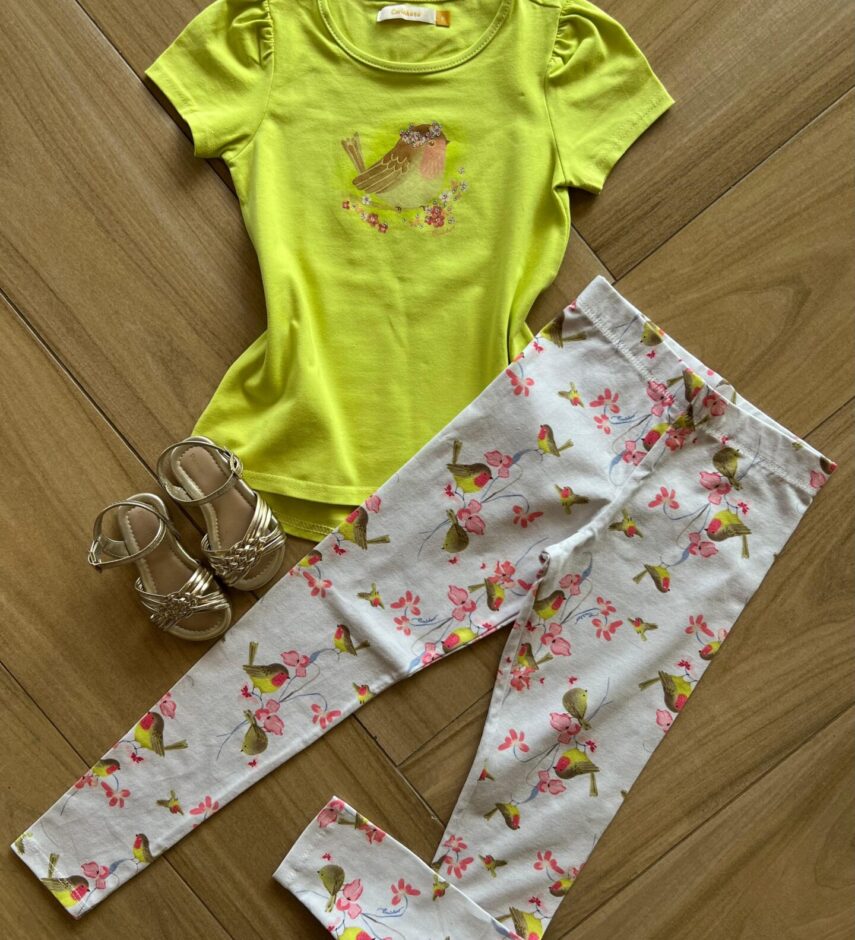Conjunto Infantil Feminino Blusa Manga Curta Verde e Legging Estampada Fernanda Ramos Kids