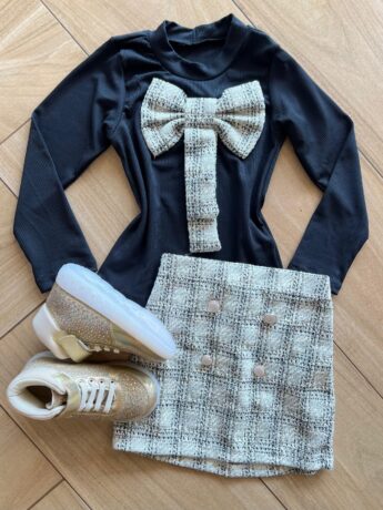 Conjunto Infantil Feminino Blusa Manga Laço Longa e Saia Fernanda Ramos Kids