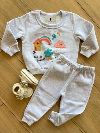 Conjunto Infantil Feminino Blusa Manga Longa com Calça Cinza Fernanda Ramos Kids