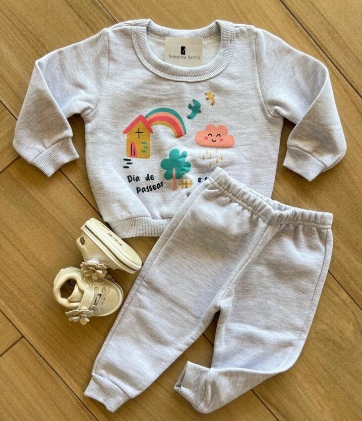 Conjunto Infantil Feminino Blusa Manga Longa com Calça Cinza Fernanda Ramos Kids