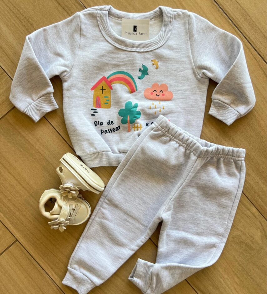 Conjunto Infantil Feminino Blusa Manga Longa com Calça Cinza Fernanda Ramos Kids
