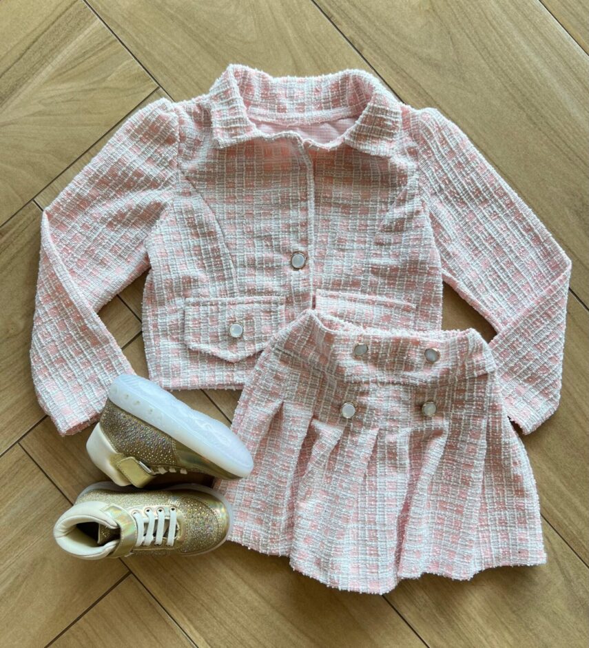 Conjunto Infantil Feminino Blusa Manga Longa e Short Saia Rosa Fernanda Ramos Kids