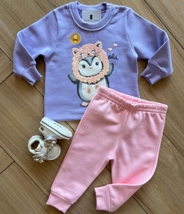 Conjunto Infantil Feminino Blusa Manga Longa Pinguim com Calça Fernanda Ramos Kids