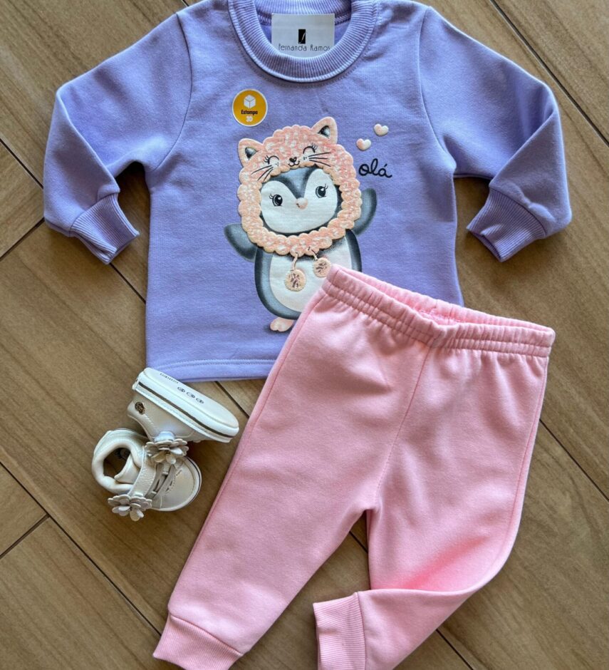 Conjunto Infantil Feminino Blusa Manga Longa Pinguim com Calça Fernanda Ramos Kids