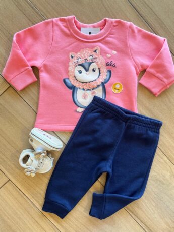 Conjunto Infantil Feminino Blusa Manga Longa Pinguim com Calça Azul Fernanda Ramos Kids
