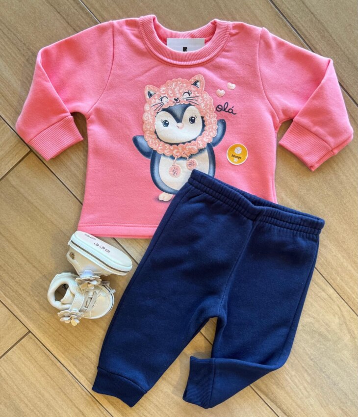 Conjunto Infantil Feminino Blusa Manga Longa Pinguim com Calça Azul Fernanda Ramos Kids