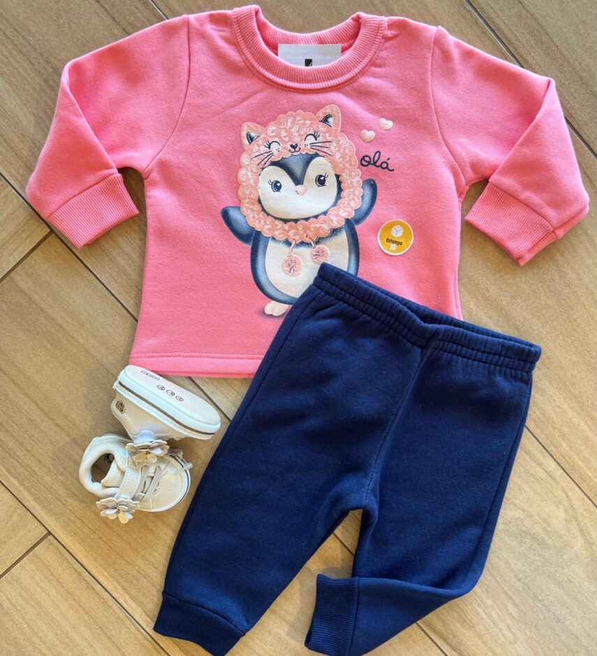 Conjunto Infantil Feminino Blusa Manga Longa Pinguim com Calça Azul Fernanda Ramos Kids
