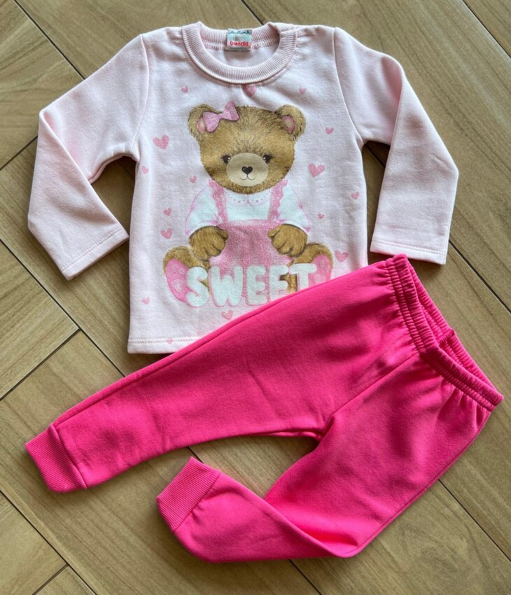 Conjunto Infantil Feminino Blusa Manga Urso Longa com Calça Pink Fernanda Ramos Kids