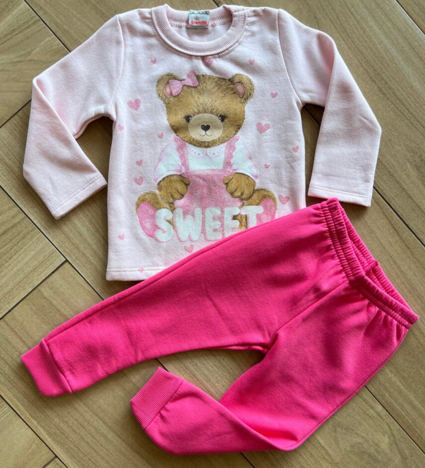 Conjunto Infantil Feminino Blusa Manga Urso Longa com Calça Pink Fernanda Ramos Kids