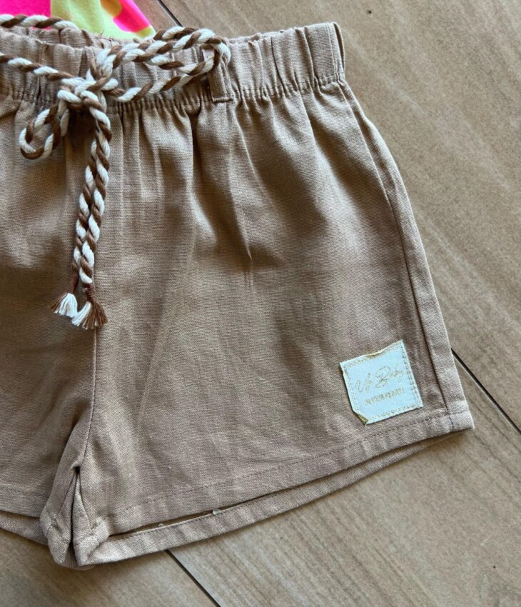 fernandaramoskids com br Conjunto Infantil Feminino Blusa Meia Malha e Short Linho Bege2