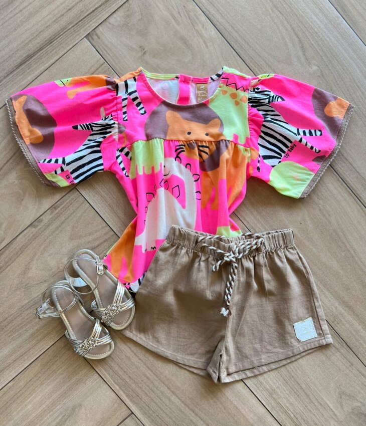 Conjunto Infantil Feminino Blusa Meia Malha e Short Linho Bege Fernanda Ramos Kids