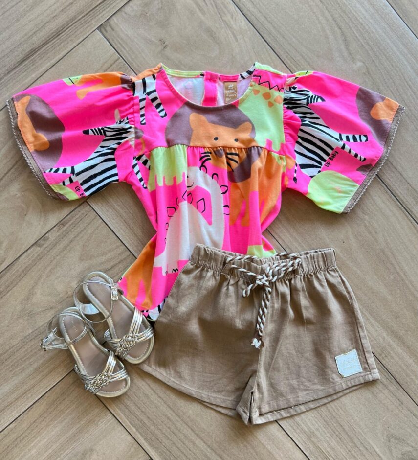 Conjunto Infantil Feminino Blusa Meia Malha e Short Linho Bege Fernanda Ramos Kids