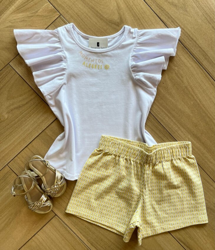 Conjunto Infantil Feminino Blusa Momentos Alegres e Short Estampado Fernanda Ramos kids