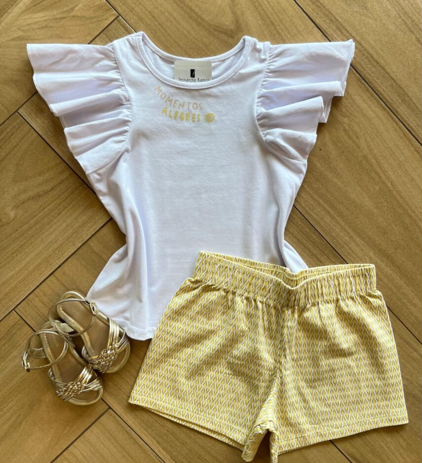 Conjunto Infantil Feminino Blusa Momentos Alegres e Short Estampado Fernanda Ramos kids