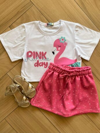 Conjunto Infantil Feminino Blusa Pink Day e Short Saia Pink Fernanda Ramos Kids