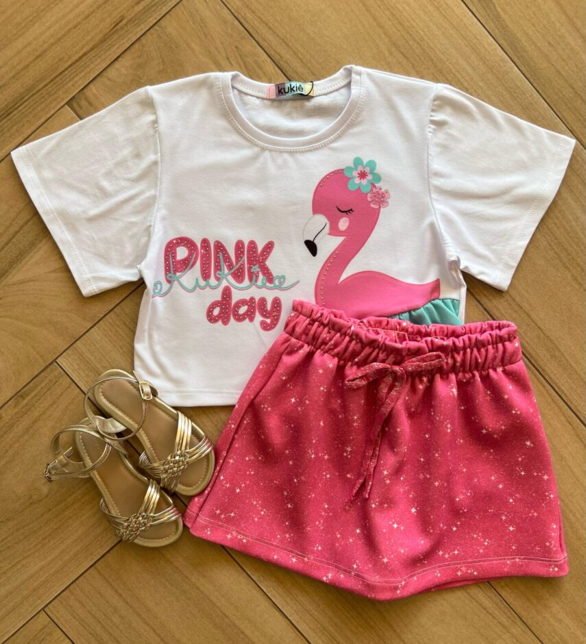 Conjunto Infantil Feminino Blusa Pink Day e Short Saia Pink Fernanda Ramos Kids