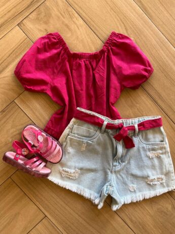 Conjunto Infantil Feminino Blusa Pink e Short Jeans Fernanda Ramos Kids