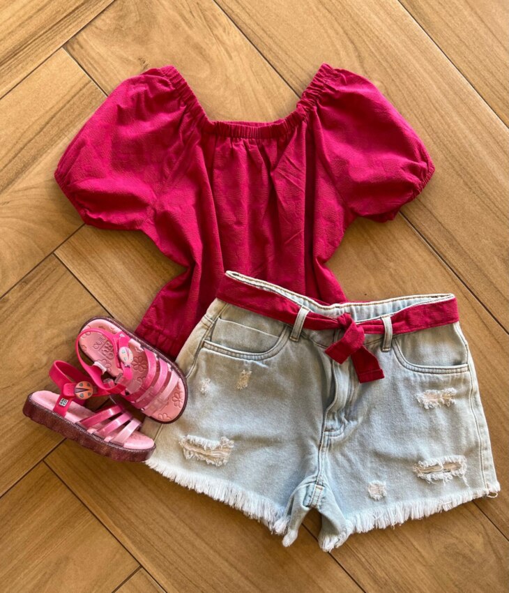 Conjunto Infantil Feminino Blusa Pink e Short Jeans Fernanda Ramos Kids