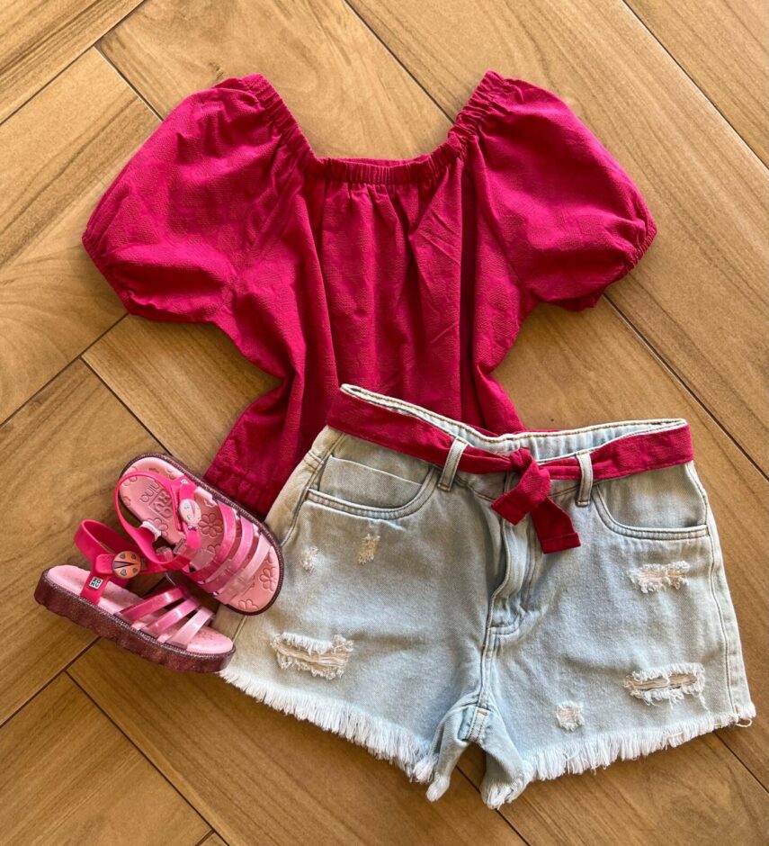 Conjunto Infantil Feminino Blusa Pink e Short Jeans Fernanda Ramos Kids