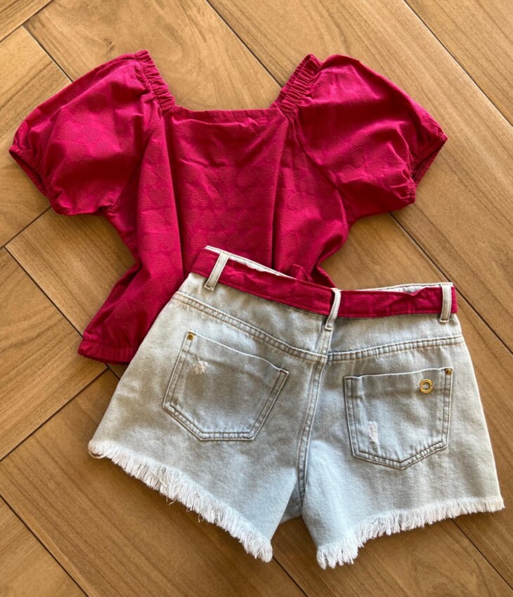 fernandaramoskids com br Conjunto Infantil Feminino Blusa Pink e Short Jeans 2