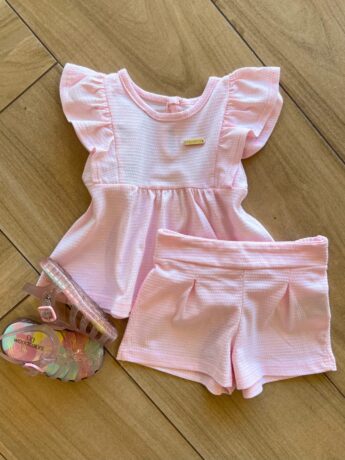 Conjunto Infantil Feminino Blusa Rodada e Short Rosa Bebê Fernanda Ramos Kids