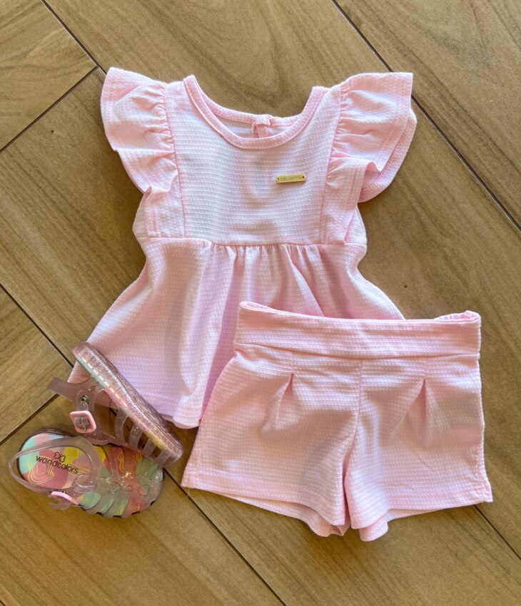 Conjunto Infantil Feminino Blusa Rodada e Short Rosa Bebê Fernanda Ramos Kids