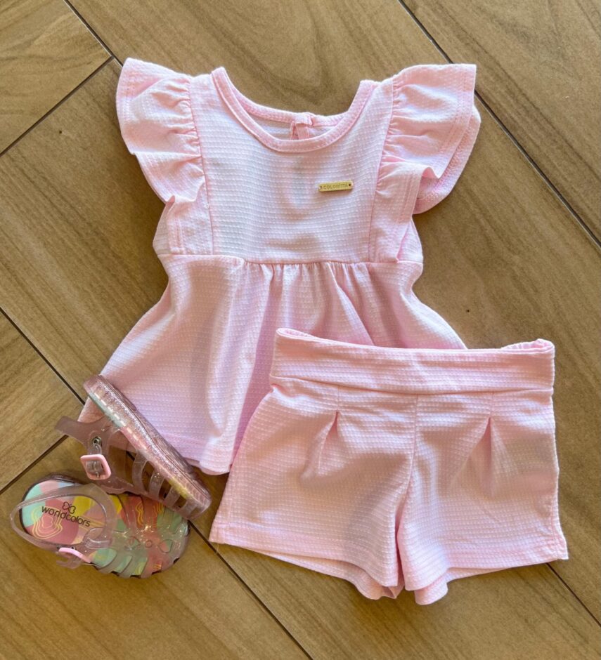 Conjunto Infantil Feminino Blusa Rodada e Short Rosa Bebê Fernanda Ramos Kids