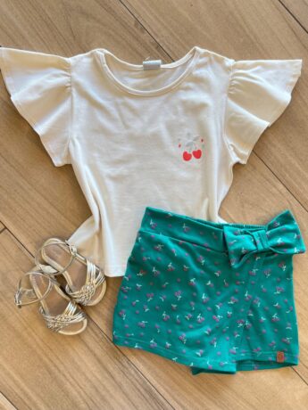 Conjunto Infantil Feminino Blusa Short Cereja Verde Fernanda Ramos Kids