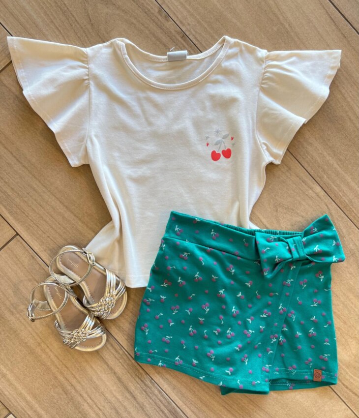 Conjunto Infantil Feminino Blusa Short Cereja Verde Fernanda Ramos Kids